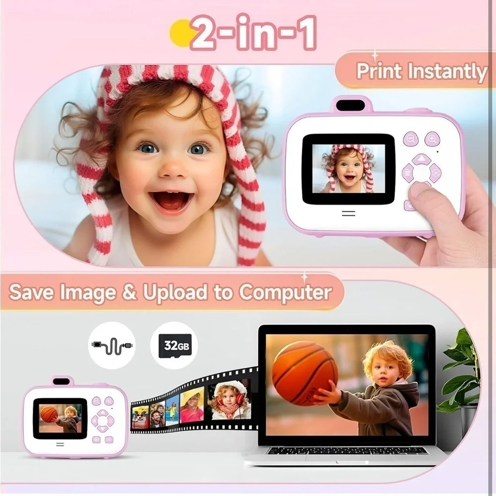 Brand New Kids Instant Print Digital Camera Thermal Photo Prints 32GB SD Card
